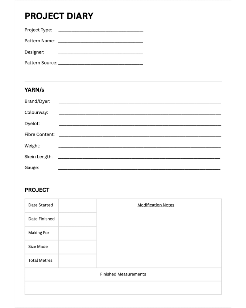 Project Diary Sheet- Free Download - Natural Fibre Arts