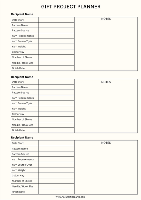 Gift Project Planner- Free Download - Natural Fibre Arts