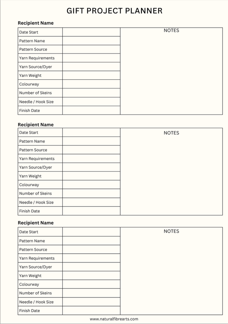 Gift Project Planner- Free Download - Natural Fibre Arts